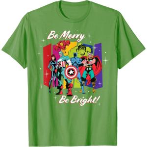 imageMarvel Avengers Christmas Holiday Retro Be Merry Be Bright TShirtGrass Green
