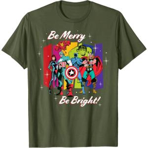 imageMarvel Avengers Christmas Holiday Retro Be Merry Be Bright TShirtOlive Green