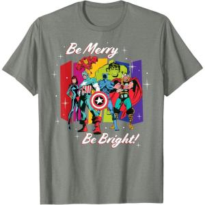 imageMarvel Avengers Christmas Holiday Retro Be Merry Be Bright TShirtOlive Heather