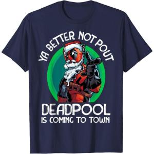 imageMarvel Deadpool Is Coming To Town Christmas TShirtNavy Blue