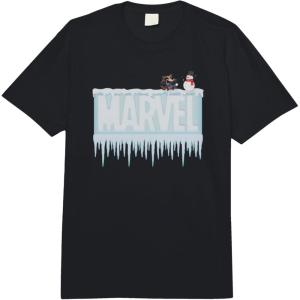 imageMarvel Holiday Snow Logo with Rocket Raccoon and Snowman Comfort Colors Adult Heavyweight TShirtBlack