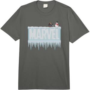 imageMarvel Holiday Snow Logo with Rocket Raccoon and Snowman Comfort Colors Adult Heavyweight TShirtDark Grey