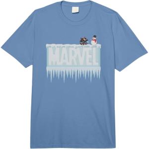 imageMarvel Holiday Snow Logo with Rocket Raccoon and Snowman Comfort Colors Adult Heavyweight TShirtDeep Blue