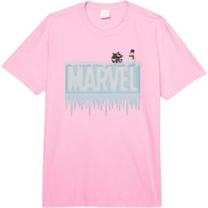 imageMarvel Holiday Snow Logo with Rocket Raccoon and Snowman Comfort Colors Adult Heavyweight TShirtPink