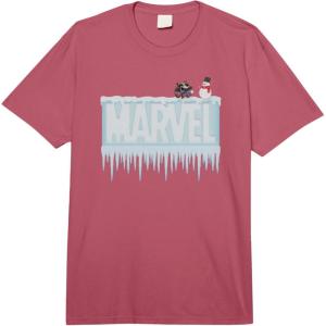 imageMarvel Holiday Snow Logo with Rocket Raccoon and Snowman Comfort Colors Adult Heavyweight TShirtRaspberry Red