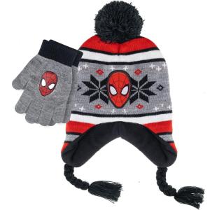 imageMarvel SpiderMan Kids Winter Hat and Snow Gloves for Boys and Toddlers 2 Pc Set PomPom Beanie with Warm MittensGrey Red Stripes