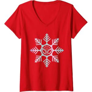 imageWomens Marvel SpiderMan Winter Holiday Snowflake Logo VNeck TShirtRed