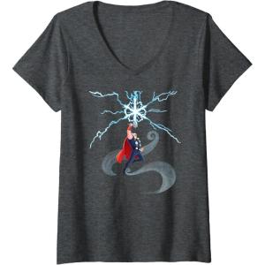 imageWomens Marvel Thor Winter Snowflake Holiday VNeck TShirtDark Heather Grey