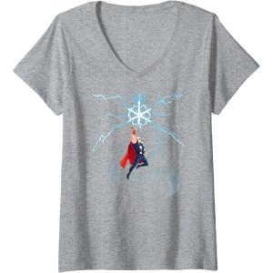 imageWomens Marvel Thor Winter Snowflake Holiday VNeck TShirtHeather Grey