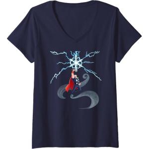 imageWomens Marvel Thor Winter Snowflake Holiday VNeck TShirtNavy Blue