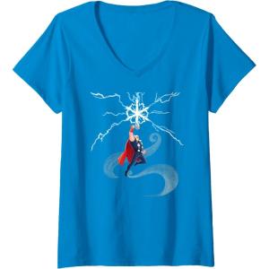 imageWomens Marvel Thor Winter Snowflake Holiday VNeck TShirtSapphire Blue