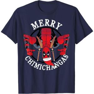 imageMarvel Deadpool Merry Chimichangas Hanging Christmas TShirtNavy Blue