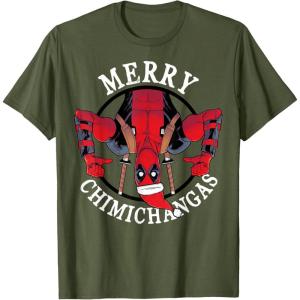 imageMarvel Deadpool Merry Chimichangas Hanging Christmas TShirtOlive Green