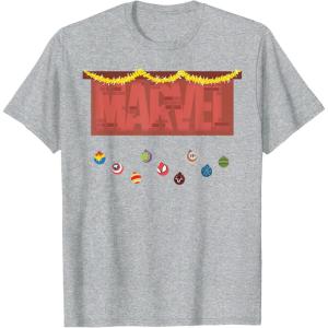 imageMarvel Logo Holiday Christmas Avengers Super Hero Ornaments TShirtHeather Grey