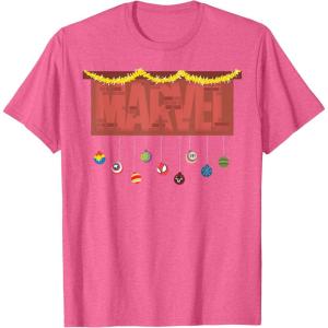imageMarvel Logo Holiday Christmas Avengers Super Hero Ornaments TShirtPink Heather