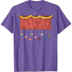 imageMarvel Logo Holiday Christmas Avengers Super Hero Ornaments TShirtPurple Heather