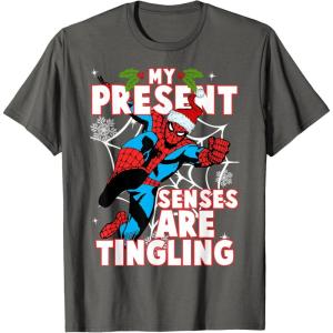 imageMarvel SpiderMan Present Senses Tingling Christmas TShirtAsphalt Grey