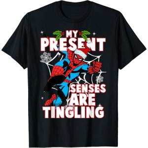 imageMarvel SpiderMan Present Senses Tingling Christmas TShirtBlack