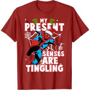 imageMarvel SpiderMan Present Senses Tingling Christmas TShirtCranberry Red