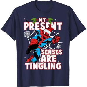 imageMarvel SpiderMan Present Senses Tingling Christmas TShirtNavy Blue