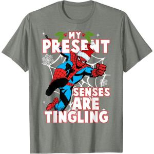 imageMarvel SpiderMan Present Senses Tingling Christmas TShirtOlive Heather