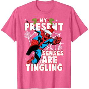 imageMarvel SpiderMan Present Senses Tingling Christmas TShirtPink Heather