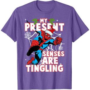 imageMarvel SpiderMan Present Senses Tingling Christmas TShirtPurple Heather