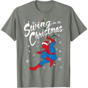 imageMarvel SpiderMan Swing In To Christmas TShirtOlive Heather