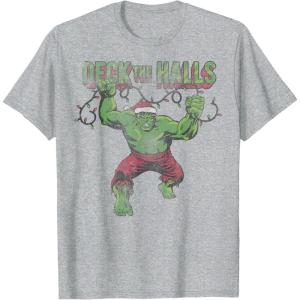 imageMarvel Christmas Hulk Deck The Halls Portrait TShirtHeather Grey