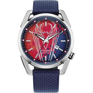imageCitizen EcoDrive Mens Marvel Spider Man Watch in Stainless Steel with Blue Polyurethane Strap Spider Man Art Blue Dial 3Hand Date 42mm Model AW168003W