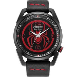 imageCitizen Mens EcoDrive Marvel Miles Morales Black Ion Plated Stainless Steel Case with Black Leather Strap WatchBlack Dial42mm Model AW168500W