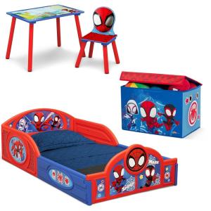 imageDelta Children  Marvel Spidey and His Amazing Friends 4Piece Toddler RoominaBox Set  Includes Sleep and Play Toddler Bed Table 1 Chair and Fabric Toy Box BlueRedMarvel Spidey and His Amazing Friends