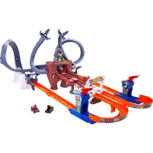 imageHot Wheels Toy Car Track Set RacerVerse SpiderMans WebSlinging Speedway Competitive Race with 2 DieCast Vehicles SpiderMan ampamp Black PantherTrack Set
