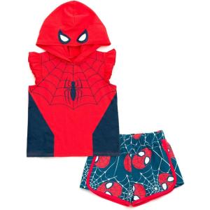 imageMarvel SpiderMan Girls Cosplay Tank Top and French Terry Dolphin Shorts Outfit Set Toddler to Big Kid Sizes 2T  1416Red  Blue  Spiderman