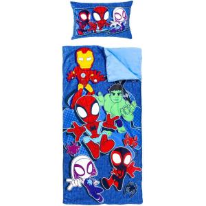 imageJay Franco Kids Slumber Bag and Pillow  54 x 27 Inch Comfy Indoor Sleeping Bag for School and Sleepovers 2 Piece Set Blue  SpidermanBlue  Spidey  His Amazing Friends