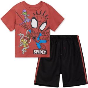 imageMarvel TShirt and Mesh Shorts Outfit Set Toddler to Big Kid Sizes 2T  1416Washed Red  Black  Spidey and Friends