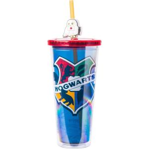 imageSilver Buffalo Marvel Avengers SpiderMan Plastic Cold Cup with Lid and Straw Topper 24 OuncesHarry Potter Hogwarts House Crest