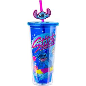 imageSilver Buffalo Marvel Avengers SpiderMan Plastic Cold Cup with Lid and Straw Topper 24 OuncesLilo and Stitch Cosmic Surfer