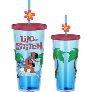 imageSilver Buffalo Marvel Avengers SpiderMan Plastic Cold Cup with Lid and Straw Topper 24 OuncesLilo and Stitch Surfing