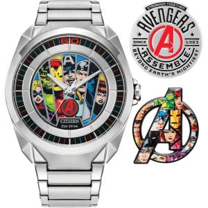 imageCitizen Mens EcoDrive Marvel Avengers Silver Stainless Steel Watch and Pin Gift Set Avengers 60th Anniversary Model AW208064W
