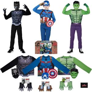 imageMARVEL Avengers Child Halloween Costume DressUp Box  MediumSize Tops Gloves and Plastic Masks of Captain America Hulk and Black Panther  Size M 810