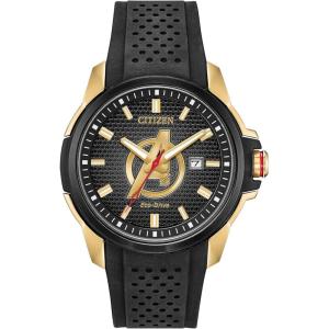imageCitizen Mens EcoDrive Marvel Avengers Watch Gold Tone with Black Silicone Strap 3Hand Date 44mm Model AW115503W