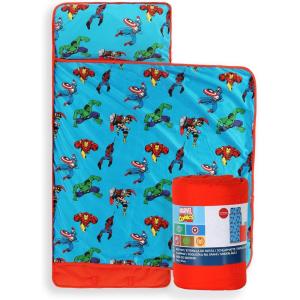 imageJay Franco Kids Nap Mat with Embedded Pillow ampamp Blanket  Soft 46quotx20quot Microfiber Sleeping Bag with Name Tag ampamp Handle for School Travel Sleepover Blue  Marvel ComicsBlue  Marvel Comics