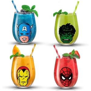 imageJoyJolt Marvel Heroes Stemless Drinking Glasses 19oz Superhero Cups ft Hulk Captain America Spiderman and Iron Man Avengers Glassware Set of 4 Marvel Gifts for Men and WomenMarvel Heroes