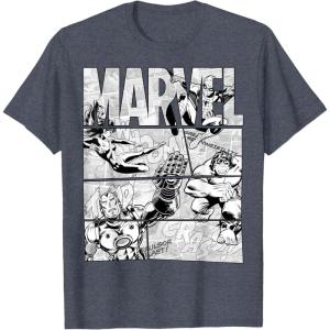 imageMarvel Avengers Retro Black and White Comic Graphic Short Sleeve TShirtHeather Blue