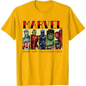 imageMarvel Avengers and SpiderMan Super Hero Real Names Retro TShirtGolden Yellow