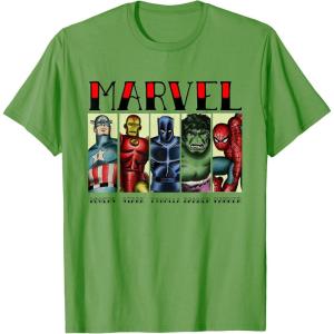 imageMarvel Avengers and SpiderMan Super Hero Real Names Retro TShirtGrass Green