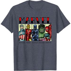 imageMarvel Avengers and SpiderMan Super Hero Real Names Retro TShirtHeather Blue