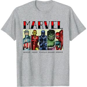 imageMarvel Avengers and SpiderMan Super Hero Real Names Retro TShirtHeather Grey