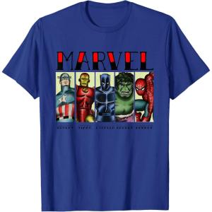 imageMarvel Avengers and SpiderMan Super Hero Real Names Retro TShirtRoyal Blue
